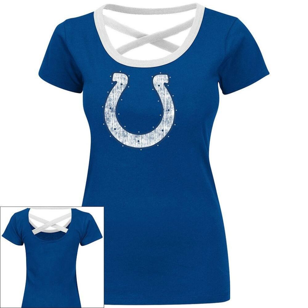 Indianapolis Colts Tee T Shirt Top Bling Cross Back NFL Football Open Back Sz S